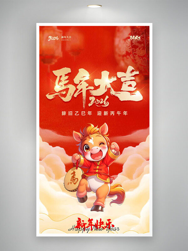手绘卡通马插画马年大吉红色喜庆海报