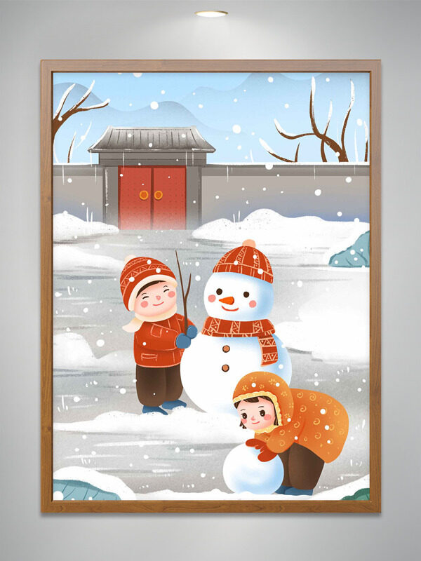 冬日卡通童趣可爱孩童门前堆雪人插画