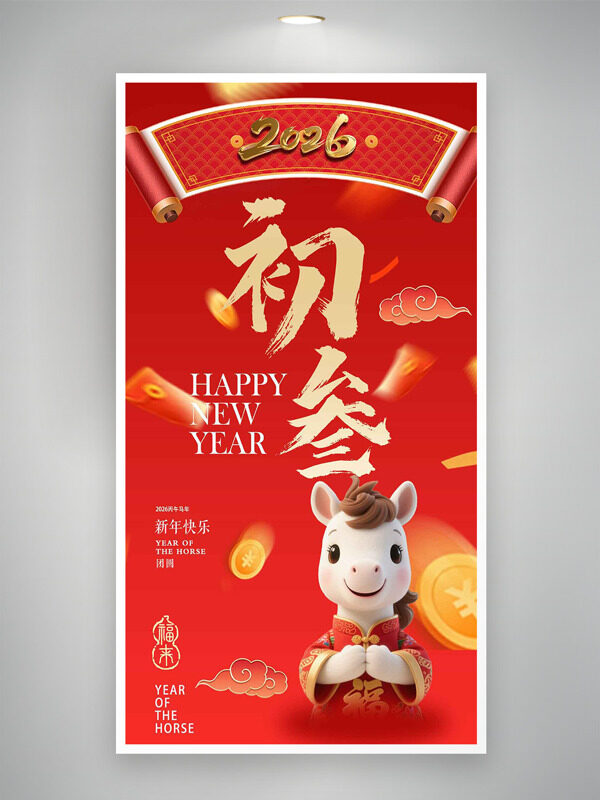 中式卷轴新年快乐大年初三卡通小马年俗海报