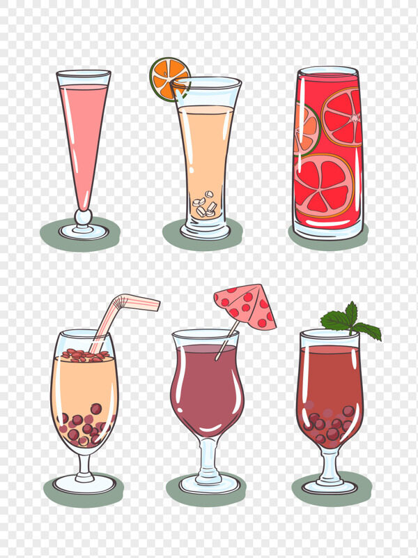 手绘鸡尾酒杯西瓜奶茶珍珠西柚下午茶免抠饮料