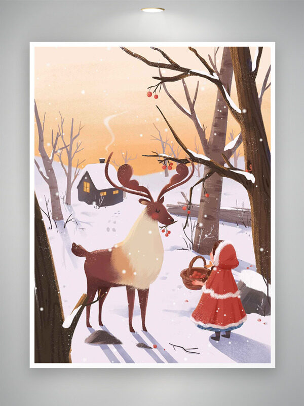 森林创意卡通红衣女孩小鹿趣味插画