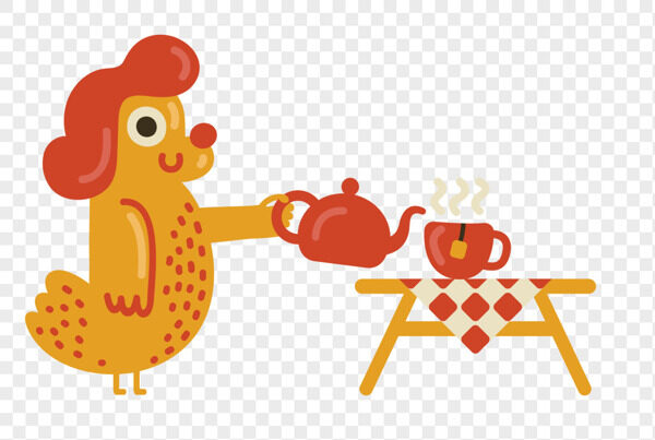 手绘红发母鸡烧热茶倒咖啡抽象插画