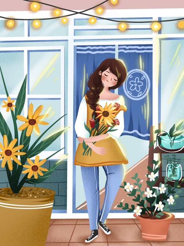 花束女孩在阳光下唯美温馨花店插画