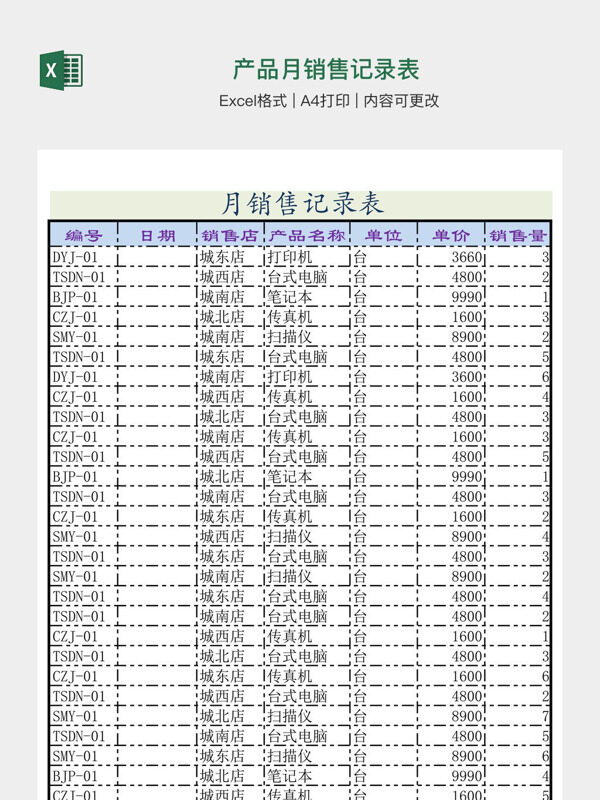 产品月销售记录表