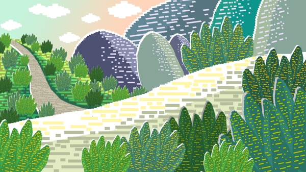 像素化手绘山路植物背景设计