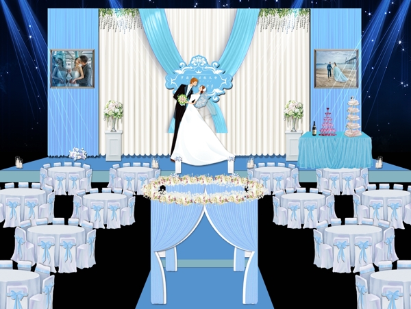 蓝白色婚礼舞台效果图