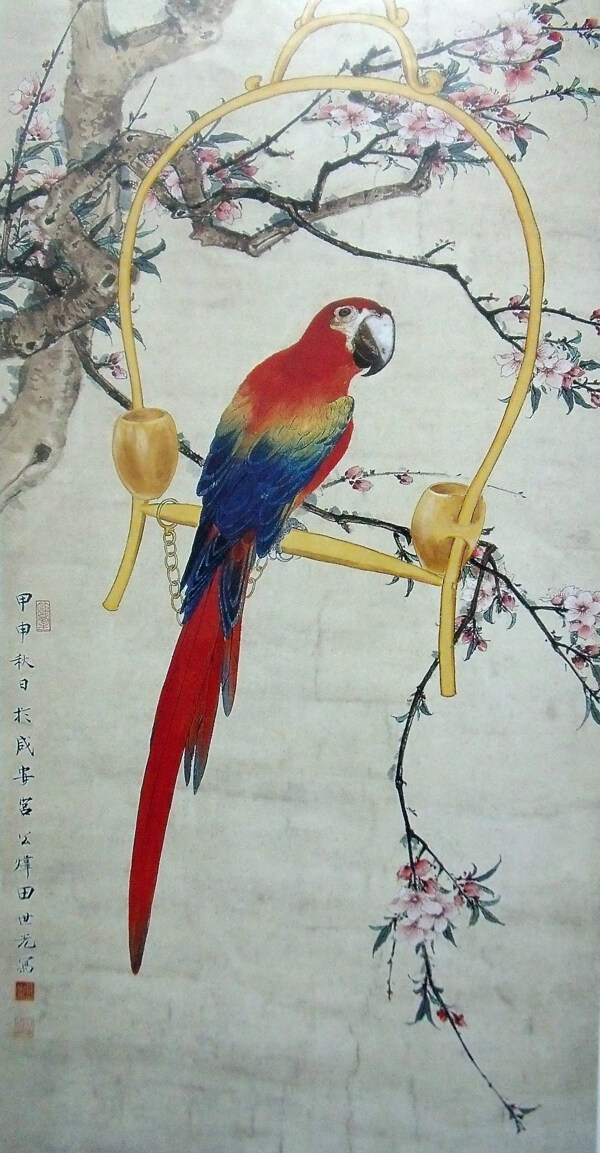 水墨桃花鹦鹉图片