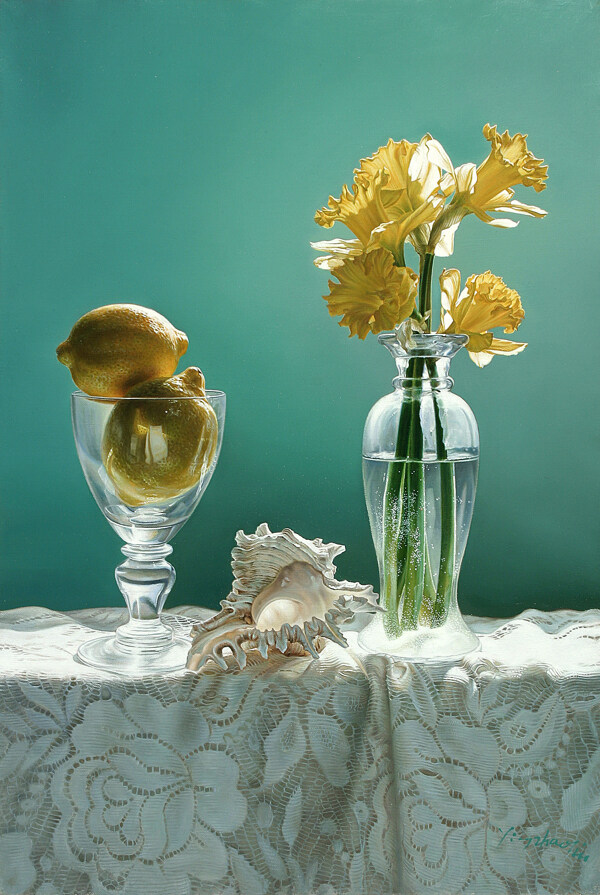 柠檬与花瓶静物油画写生图片