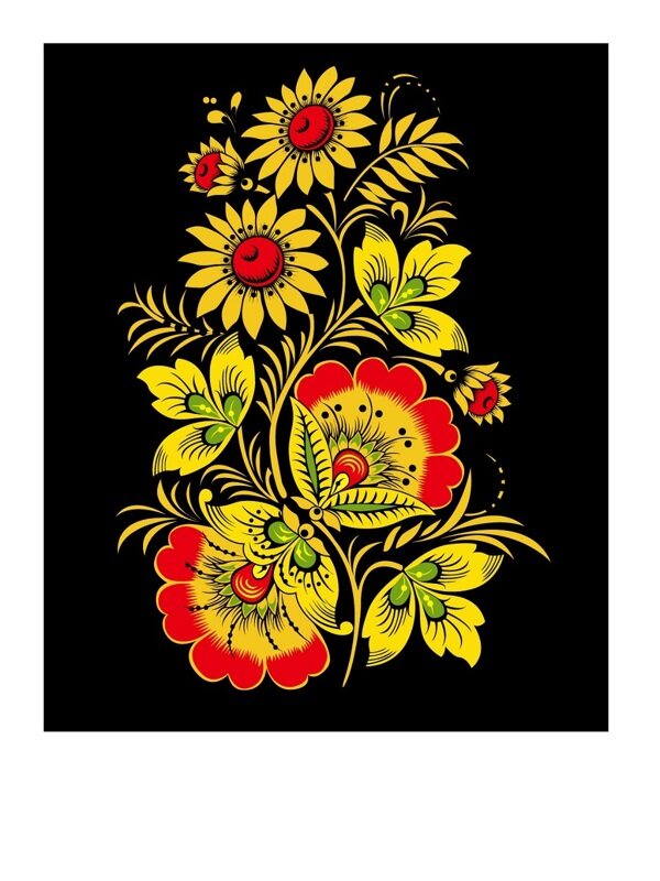 传统 欧式俄式 花卉图案背景贴图 黑底黄花红边向阳