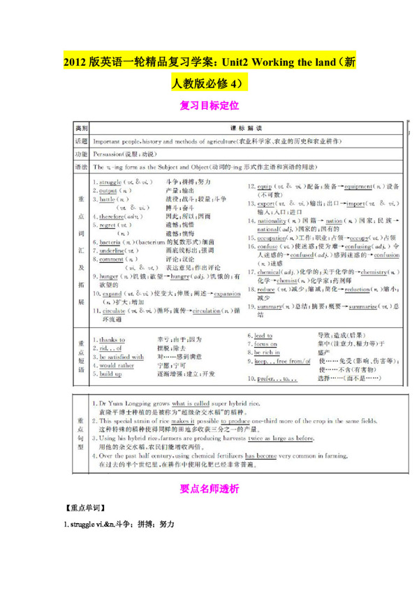 高考专区英语版英语学案Unit2Workingtheland