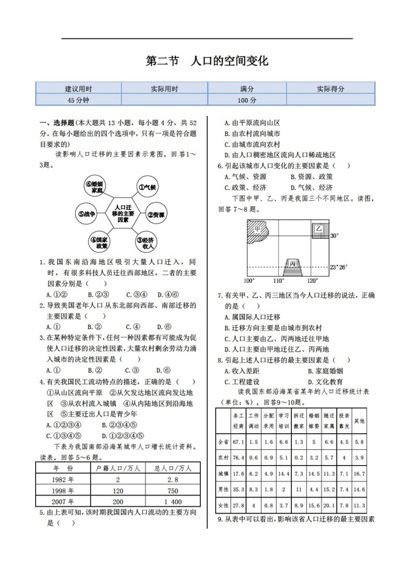 地理人教版高中必修二同步练测第一章第二节人口的空间变化含解析