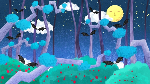 手绘星空下的树林晚安背景素材