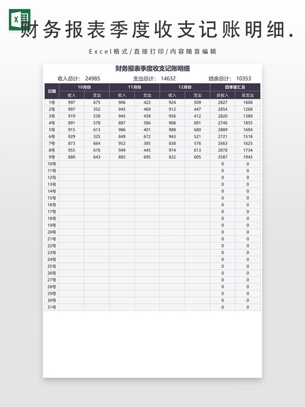 财务报表季度收支记账明细